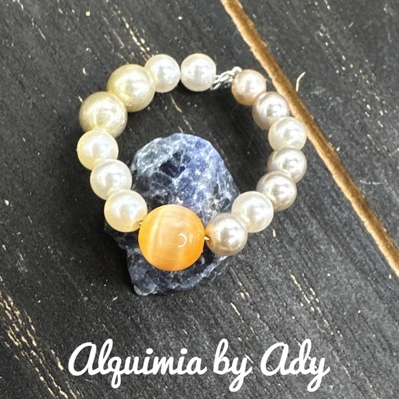 Gemstone and pearl beaded dainty handmade ring band boho/Lolita/minimalist - Picture 1 of 4